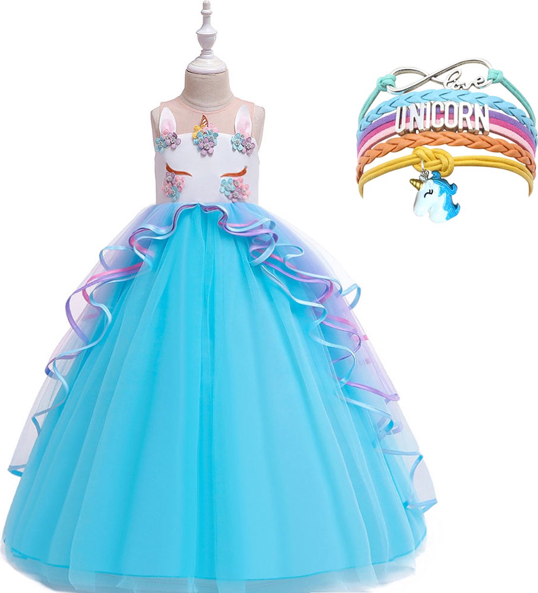 Unicorn Jurk | Eenhoorn Jurk | Prinsessenjurk Meisje | + Armband | Verkleedkleren Meisje |maat 116/122 (120)| Prinsessen Verkleedkleding | Carnavalskleding Kinderen | Blauw